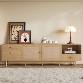 Boho TV Stand for 65, 75, 85 Inch TV, Entertainment Center with Open Storage and Drawers, Modern Wood Media TV Console with Real Rattan