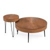 Set of 2 Boho Round Coffee Table with Solid Pine Wood Top and Metal Legs