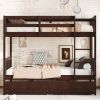 Twin Over Twin Rubber Wood Bunk Bed with 2 Drawers, Convertible into 2 Twin Beds, Twin Size Bunk Bed with Ladder and Safety Guardrails
