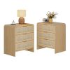 Rattan 3 Drawers Nightstand set of 2, 22.8" Wide Curved Wooden Bedside Table, Modern Storage for Bedroom, Natural Oak.
