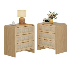 Rattan 3 Drawers Nightstand set of 2, 22.8" Wide Curved Wooden Bedside Table, Modern Storage for Bedroom, Natural Oak.