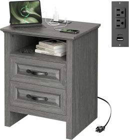 Nightstand for Bedroom, Night Stand with Charging Station, Bedside Table with 2 Drawers & Open Shelf, Farmhouse End Table Storage Cabinet, Gray
