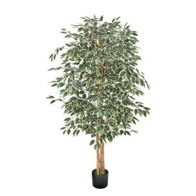 VEVOR 6FT Artificial Ficus Tree with Black Pot, Tall Faux Ficus Plant with Natural Wood Trunk and Realistic Green Leaves
