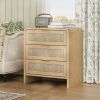 Rattan 3 Drawers Nightstand set of 2, 22.8" Wide Curved Wooden Bedside Table, Modern Storage for Bedroom, Natural Oak.
