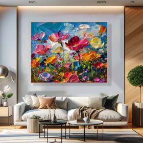 Colorful Floral Canvas Art Vibrant Flower Oli Painting on Canvas Textured Acrylic Painting Impasto Cheerful Floral Art Living Room Wall Art (Style: 01, size: 120x120cm)