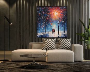 Couple Oil Painting 100% Handmade Lovers Painting Walking Lovers Textured Painting Acrylic Abstract Painting Tree Art Romantic Art (Style: 01, size: 120x120cm)