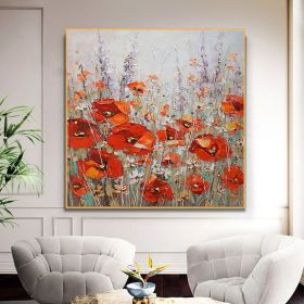 Original Red Flowers Painting Handmade On Canvas Landscape Oil Painting Thick Flowers Oil Wall Art Decor For Living Room Home Decoration (Style: 01, size: 160x160cm)