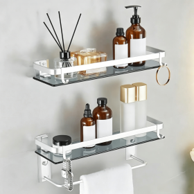 Glass Shelf for Bathroom 15.7 in Bathroom Shelves with Towel Bar Tempered Glass Shelves for Wall(2 Tier) (Color: Silver)