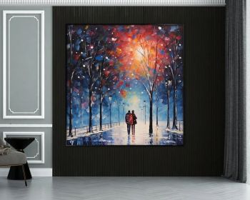 Couple Oil Painting 100% Handmade Lovers Painting Walking Lovers Textured Painting Acrylic Abstract Painting Tree Art Romantic Art (Style: 01, size: 60x60cm)