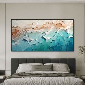 Handmade Oil Painting Teal Minimalist Beach Painting Textured Wall Art Ocean Wave Painting On Canvas Wall Art Living Room Painting Fashion Decor (Style: 01, size: 140x280cm)