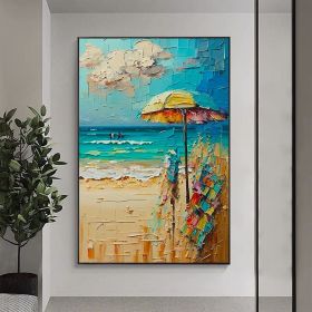 Handmade Oil Painting Abstract Beach Canvas Painting Large Original Sunshine Ocean Coast Seascape Oil Painting Wall Art Modern Blue Beige Living (Style: 01, size: 50x70cm)