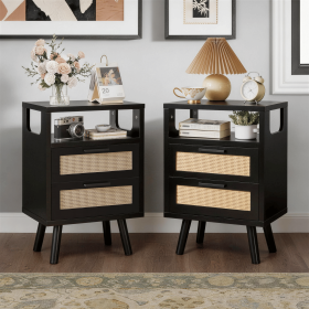 Set of 2 with 2 Drawers, 15.4" Modern Storage Bedside Table with Golden Metal Handles, Wooden End Table for Bedroom (Color: Black)