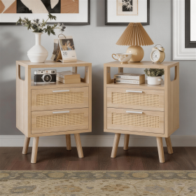 Set of 2 with 2 Drawers, 15.4" Modern Storage Bedside Table with Golden Metal Handles, Wooden End Table for Bedroom (Color: Natural Wood)